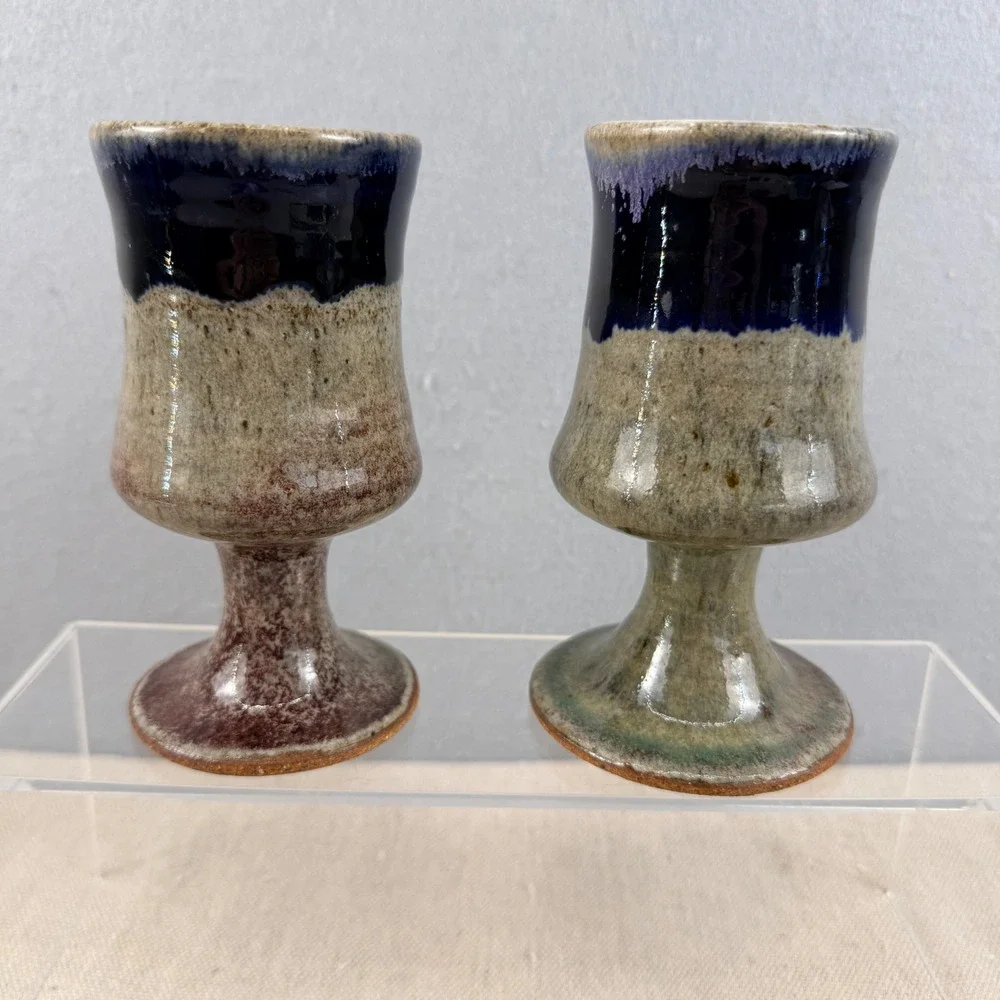 Vintage Studio Pottery Goblet Pair Cobalt Blue Drip Glaze Stoneware MCM